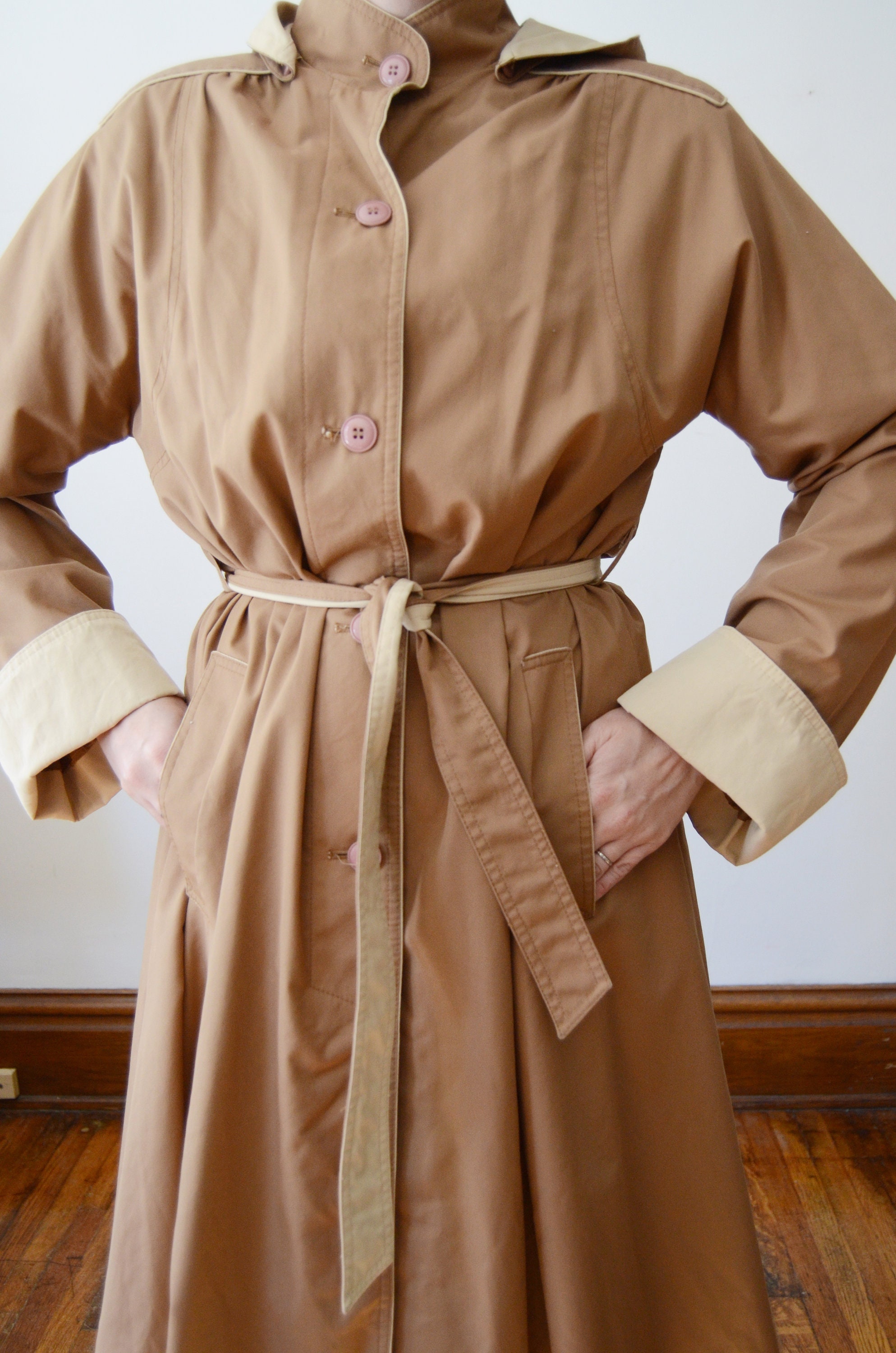 1980s Brown and Tan Trench Coat with Hood - M