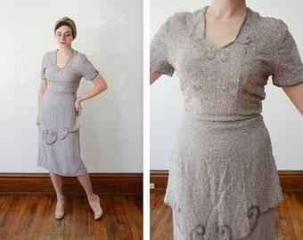 1940s Pearl Grey Beaded Dress - S/M