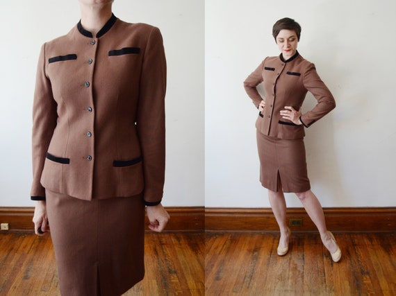 1990s Brown Wool Skirt Suit - S