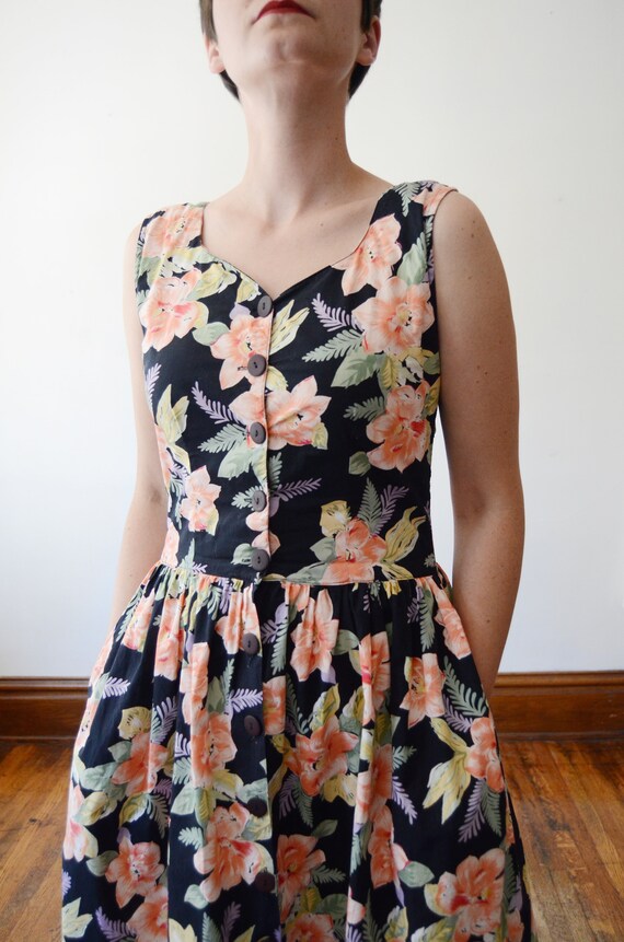 1980s Black Floral Cotton Sundress - S - image 7