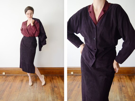 1980s Deep Plum Leather Suit - M