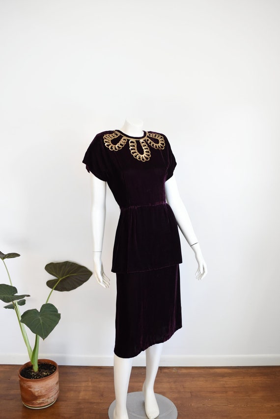 1940s Plum Velvet Sequined Dress - M