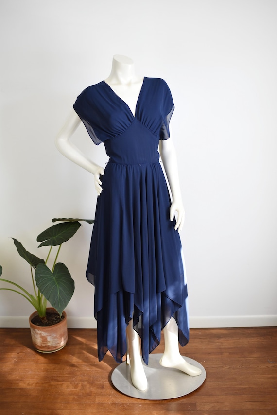 1970s Navy Handkerchief Hem Dress - S