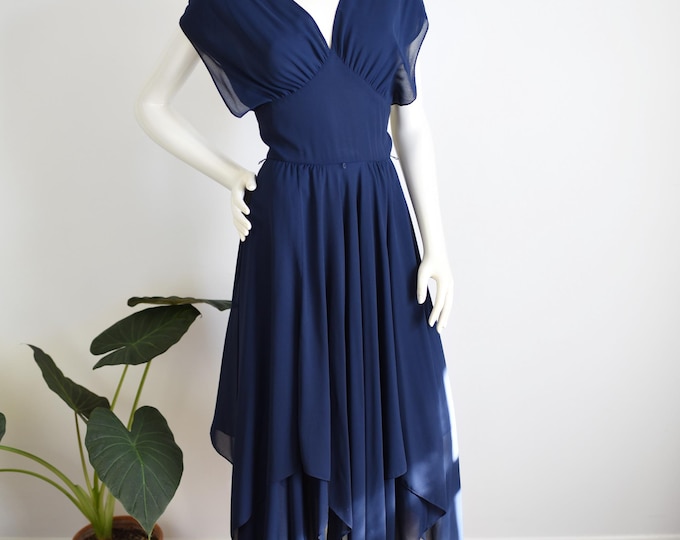 1970s Navy Handkerchief Hem Dress - S