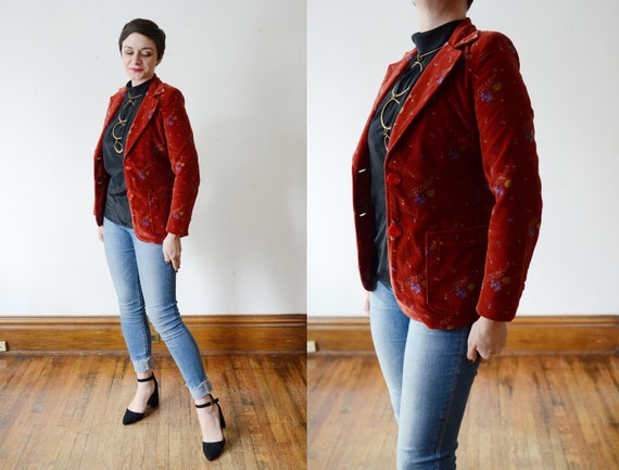 1970s Red Floral Velvet Blazer - S