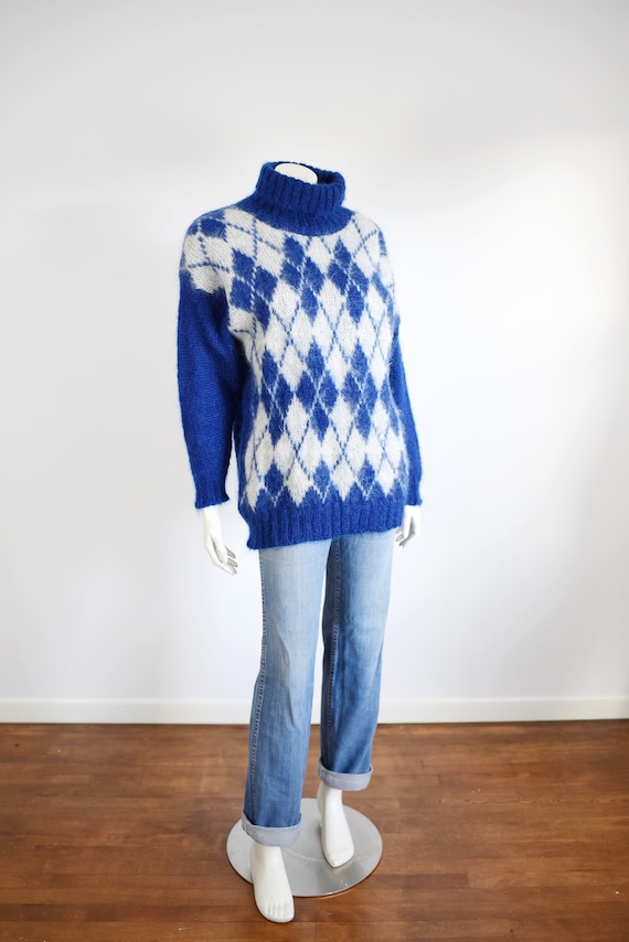 1980s Mohair Blue Argyle Sweater - L/XL