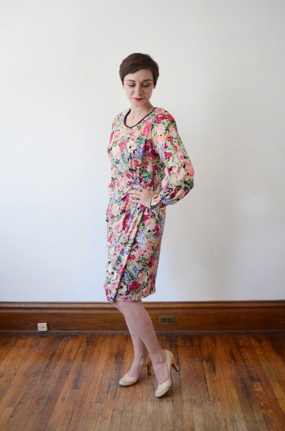 1980s Silk Floral Dress - M - image 6