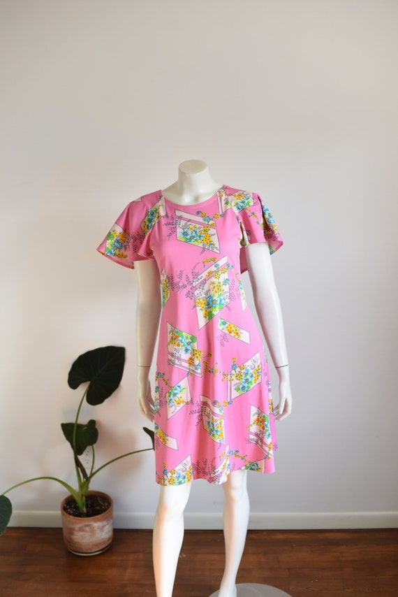 1970s Pink Floral Poly Dress - XS/S