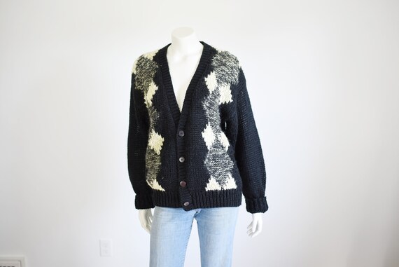 80s Diamond Pattern Black Cardigan - M/L - image 1