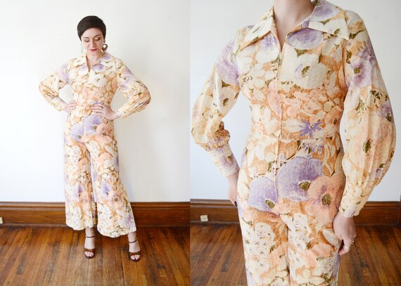 1970s Metallic Floral Jumpsuit - S/M