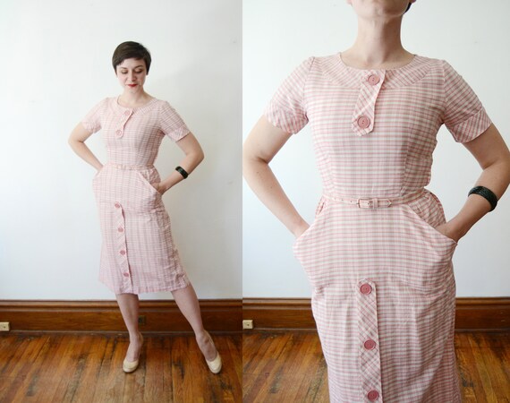 1950s Pink and Gold Plaid Dress - S