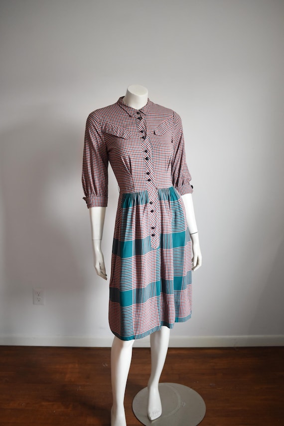 1940s Pink and Green Gingham Dress - XS/S