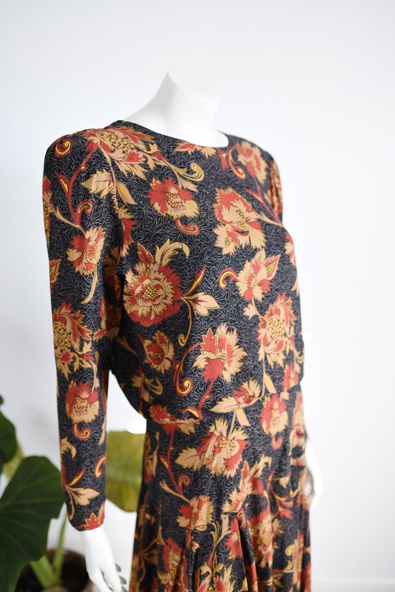 1980s Dark Floral Rayon Dress -  L - image 2