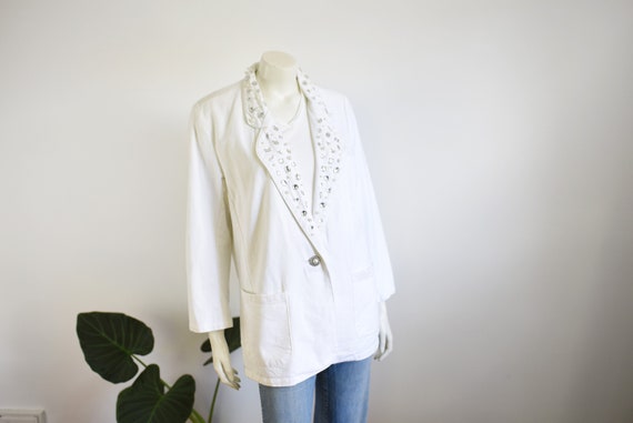 SALE 80s White Denim Rhinestone Blazer - S/M/L