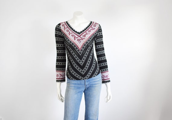 1970s Flare Sleeve Rose Sweater - XS