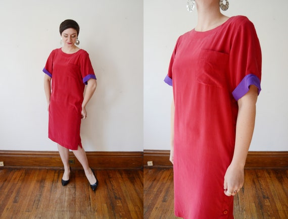 1980s Red Silk Dress - M