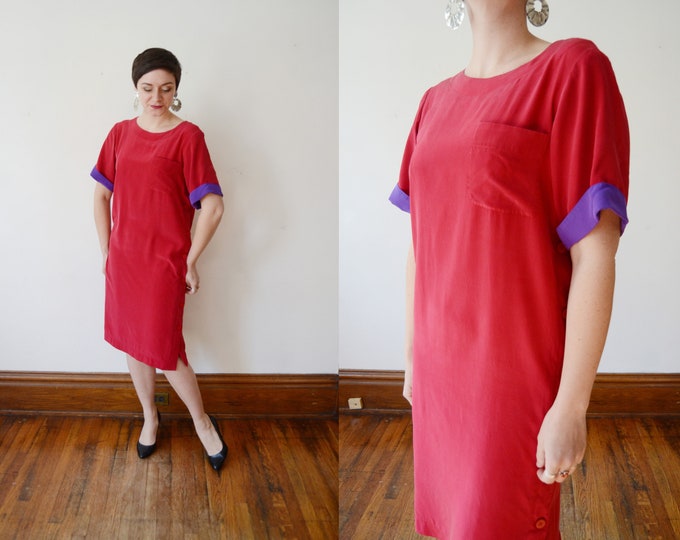 1980s Red Silk Dress - M