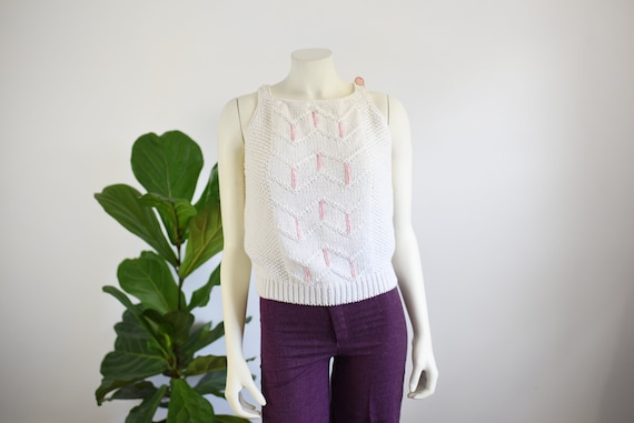 80s White and Pink Knit Tank - S