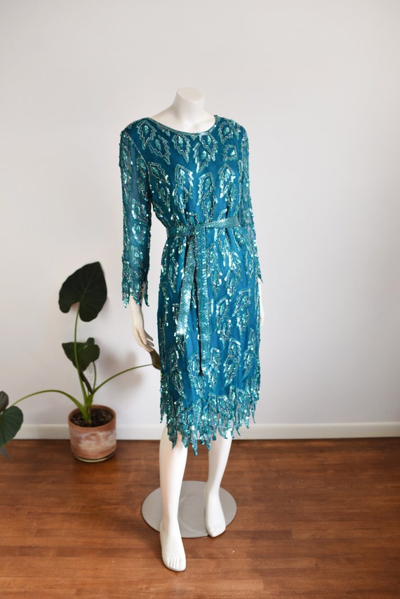 1980s Turquoise Sequined Silk Dress - M/L