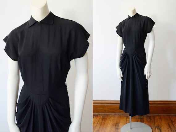 1940s Black Rayon Dress - XS