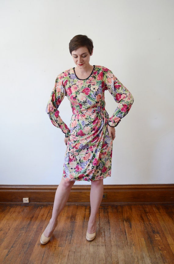 1980s Silk Floral Dress - M - image 5