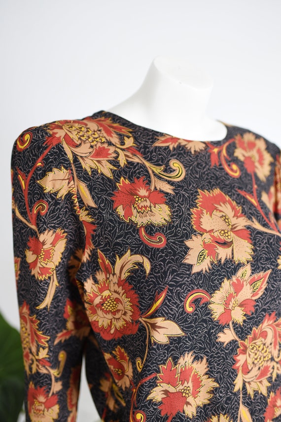 1980s Dark Floral Rayon Dress -  L - image 5