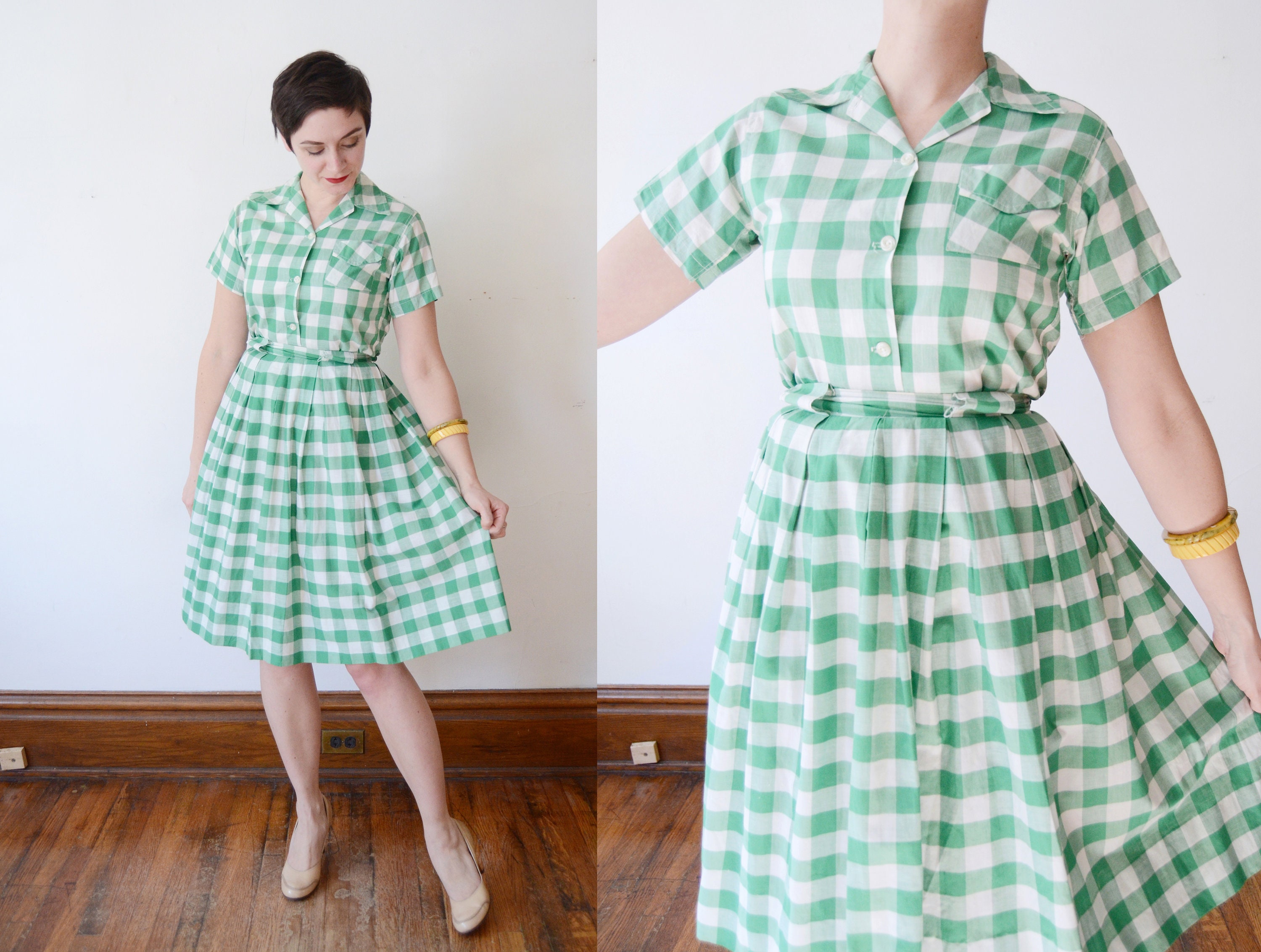 1950s Green Gingham Skirt and Blouse Set - S