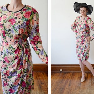1980s Silk Floral Dress - M