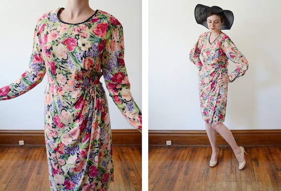 1980s Silk Floral Dress - M - image 1