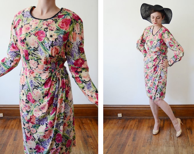 1980s Silk Floral Dress - M