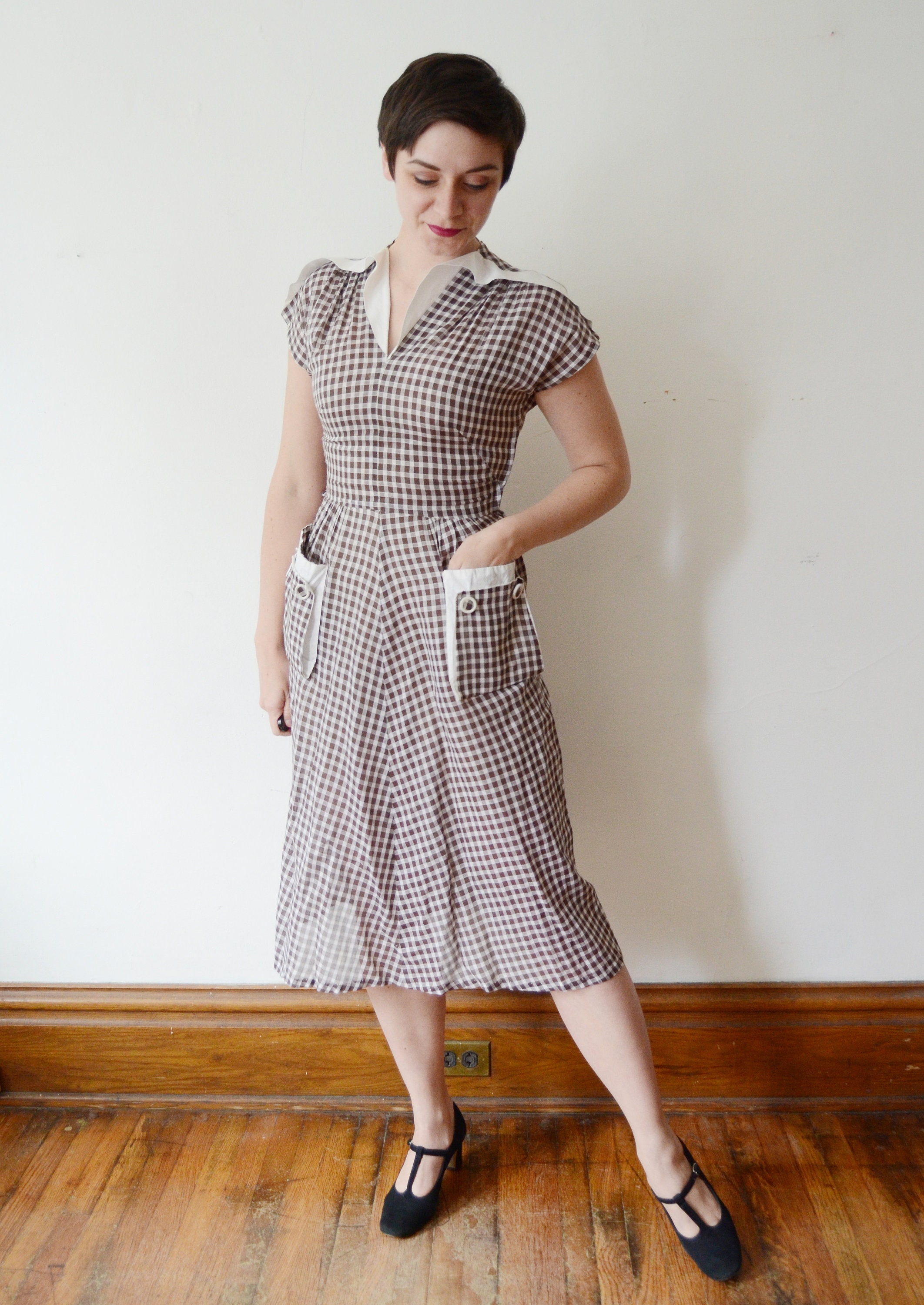 1940s Brown Gingham Dress - S