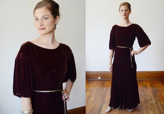 1930s Brown Velvet Puff Sleeve Dress - XS