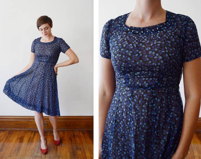 1950s Blue Floral Rhinestone Dress - S