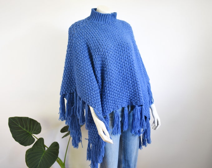 70s Blue Fringe Shawl - OSFM