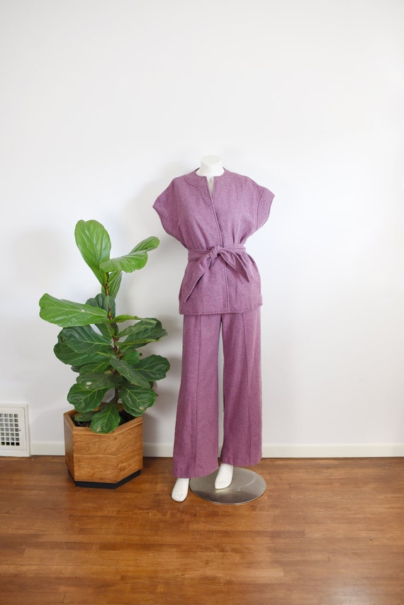 1970s Purple Oleg Cassini Wool Pant Suit - S