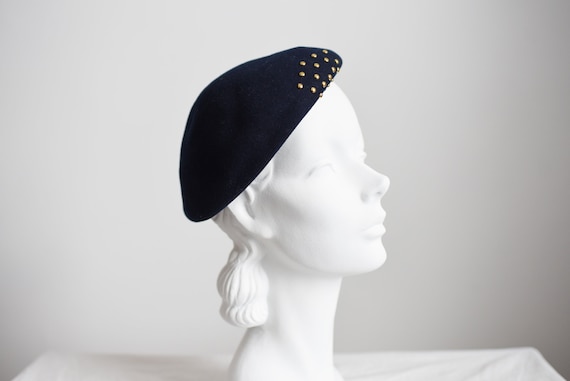 SALE 60s/70s Studded Navy Wool Beret Hat