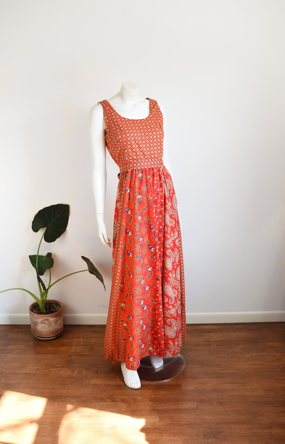 Peck & Peck 1970s Red Cotton Maxi Dress - M/L