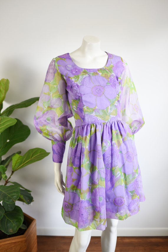 1960s Purple Floral Mini Dress - S - image 4