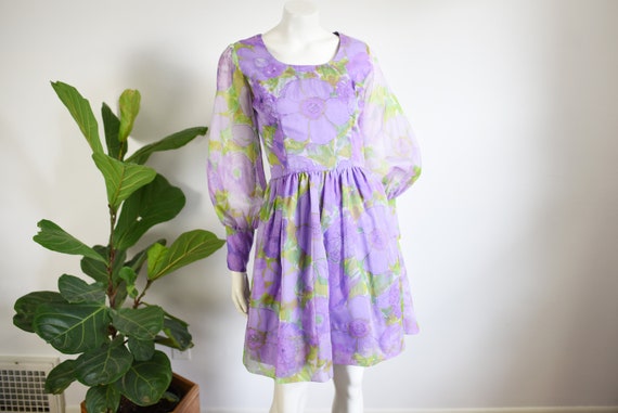 1960s Purple Floral Mini Dress - S - image 1