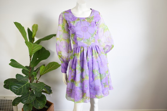 1960s Purple Floral Mini Dress - S