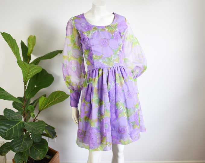 1960s Purple Floral Mini Dress - S