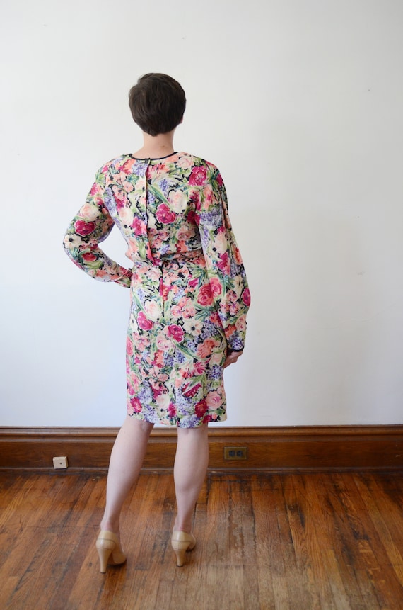 1980s Silk Floral Dress - M - image 2