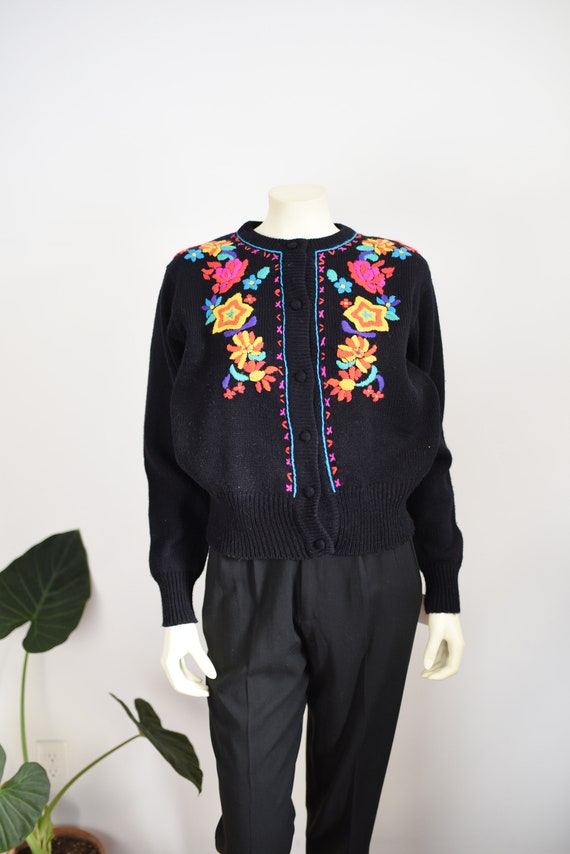 80s Floral Embroidered Cardigan - M - image 3