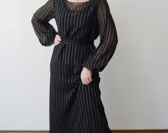 1970s Black and Gold Disco Dress with Bell Sleeves by Sophy Curson - M