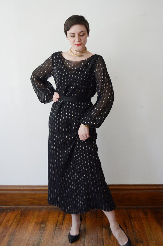 1970s Black and Gold Disco Dress with Bell Sleeves by Sophy Curson - M