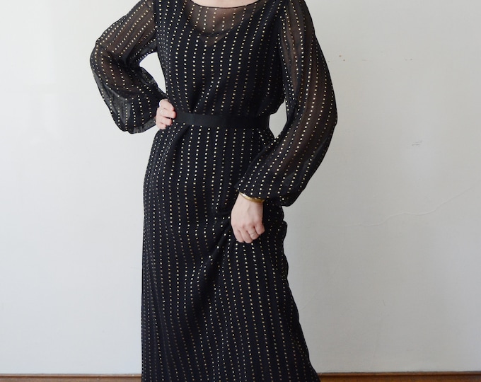 1970s Black and Gold Disco Dress with Bell Sleeves by Sophy Curson - M