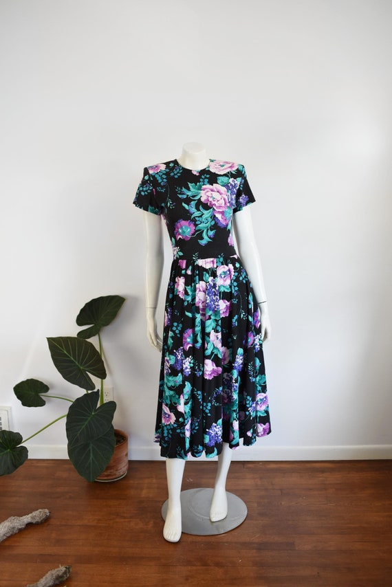 1980s Black Floral Jersey Dress - M