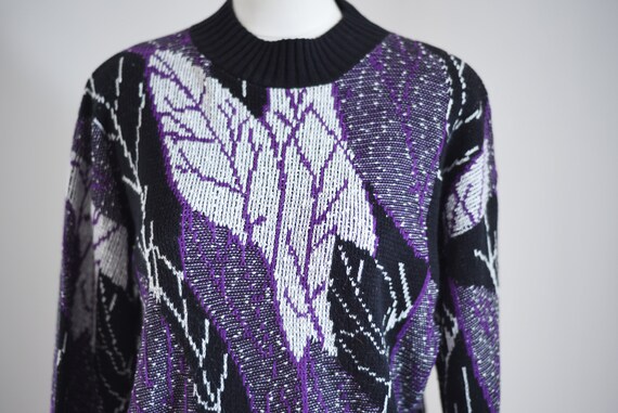 1980s Purple Leaf Print Sweater - M - image 5
