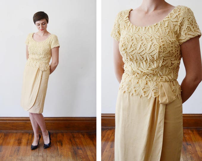 1960s Golden Yellow Lace Cocktail Dress - S