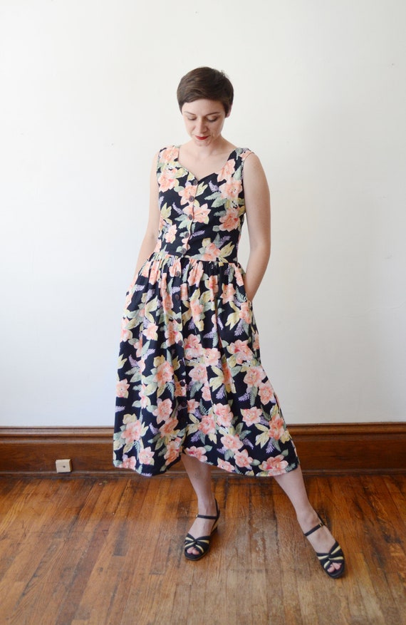 1980s Black Floral Cotton Sundress - S - image 6